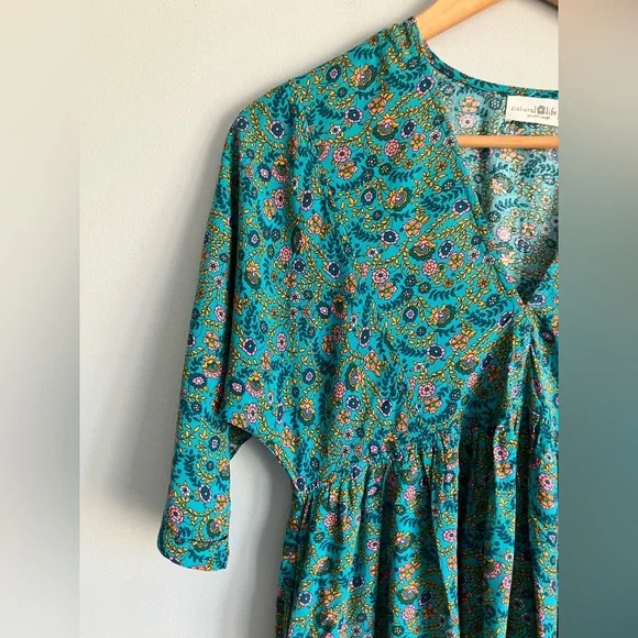 NATURAL LIFE Blue Floral Dolman Rayon V-Neck Mini Dress Size XS - Picture 2 of 10